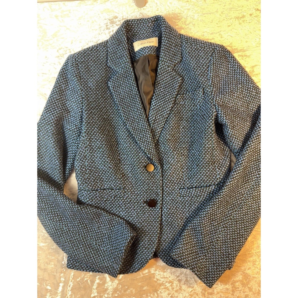 Calvin Klein Womens Blazer XS Blue Black Textured Fitted 2 Button Career